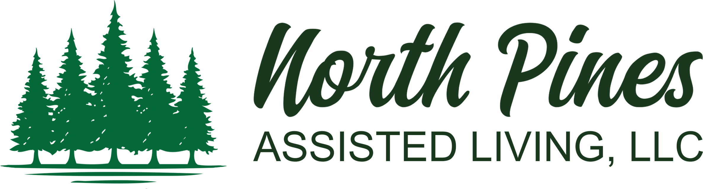 Green and white logo that reads "North Pines Assisted Living" in italics beside a tree icon. Additional text is partially obscured and unreadable.