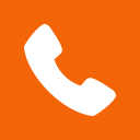 An orange square with a white icon of a classic telephone handset in the center, representing a call or phone feature, perfect for use by North Pines Assisted Living to simplify communication within their senior living facility.